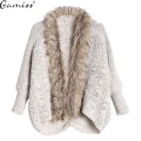 Gamiss Women Autumn Winter Knitted Sweaters Fashion Cable Knit Faux Fur