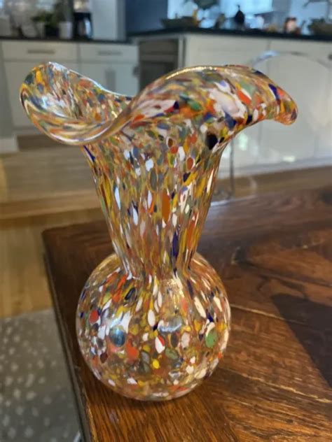 Vintage Murano Glass Vase Speckled Hand Blown Glass Confetti Ruffle
