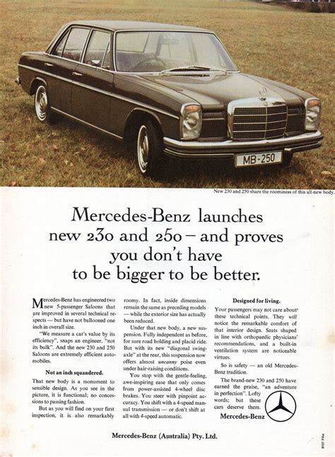 We want to do three things here: 1968 Mercedes-Benz 230 & 250 Compact Sedan Aussie Original Magazine Advertisement | Benz ...