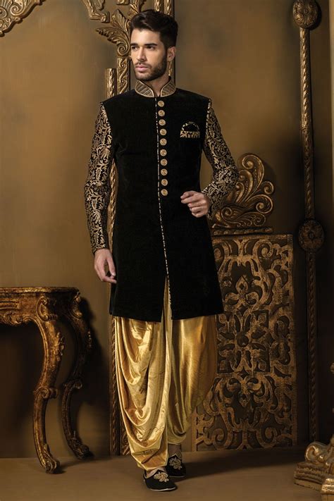 Black And Gold Velvet Alluring Sherwani With Mandarin Collar And Full