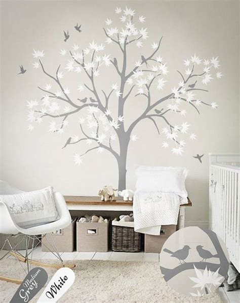 Tree Decal With Bird And Leaves White Tree Wall Decals Nursery Etsy