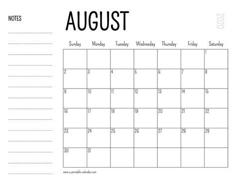 August 2020 Printable Calendar A Printable Calendar