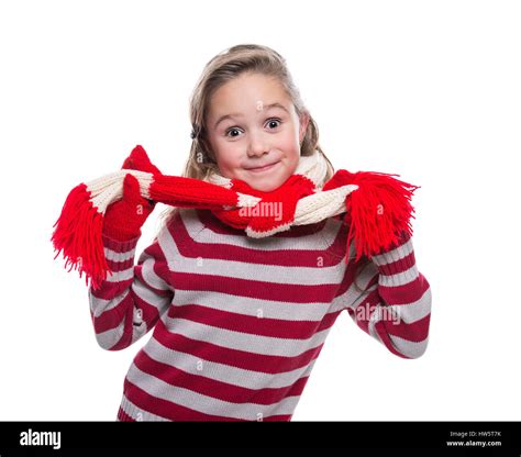 Cute Cheerful Little Girl Wearing Striped Knitted Sweater Scarf And