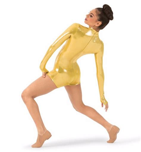 Icostumes Women Gold Long Sleeve Shorty Unitard Shiny Metallic Dance Team Performance Bodysuit