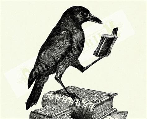Halloween Raven Art Print Crow Reading A Book Edgar Allan Poe