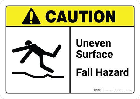 Caution Uneven Surface Fall Hazard With Icon Ansi Landscape Wall Sign