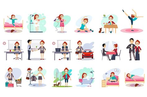 Daily Routine Woman Daily Routine Cartoons Vector Daily Routine Activities