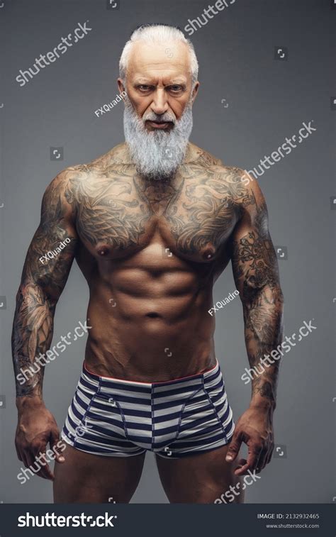 Naked Grandfather Muscular Tattooed Body Isolated Stock Photo