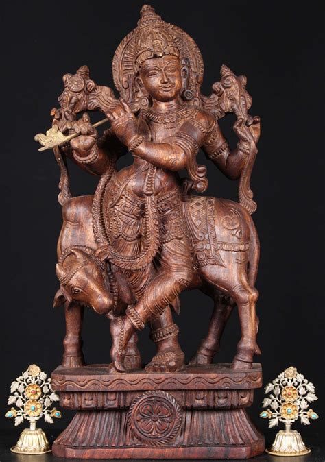 Sold Wooden Venugopal Playing Flute With Cow 24 76w1kp Hindu Gods