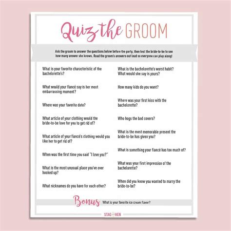 Bachelorette Party Game Printable Groom Quiz Free Bachelorette