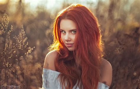 Обои взгляд девушка лицо волосы портрет рыжая плечи рыжеволосая боке Wojtek