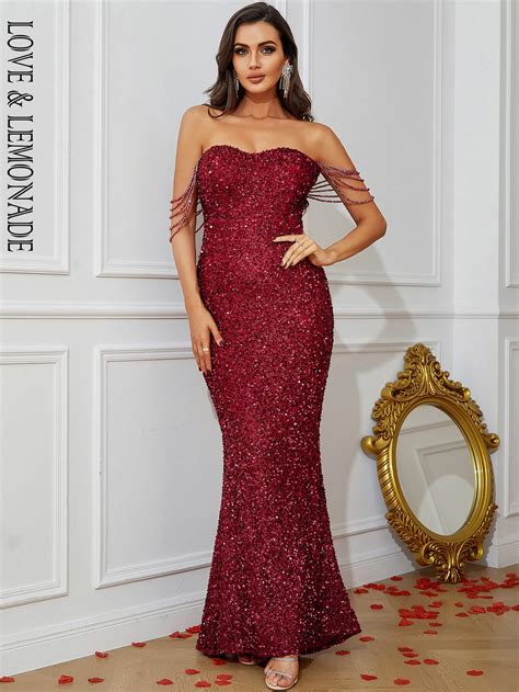 Loveandlemonade Sexy Red Tube Top Off Shoulder Stretch Sequins Party Long
