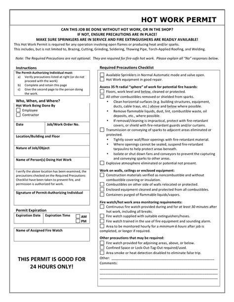 Hot Work Permit Form Printable Printable Forms Free Online