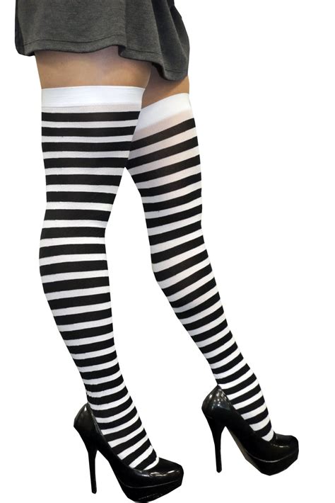 Rebel Legs Black And White Striped Thigh High Stockings