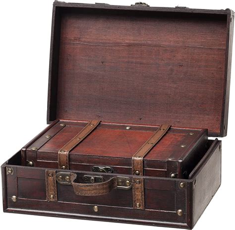 Decorative Small Wooden Storage Trunk Set Of 2 Wood Suitcase Chest With