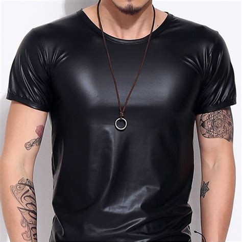 Male Fitness Faux Leather Short Sleeve O Neck T Shirt Black Tight