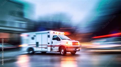 Emergency Vehicle Speeding Ambulance With Flashing Lights And Sirens