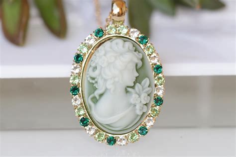 Cameo Jewelry Set Green Emerald Cameo Set Earring Necklace Etsy
