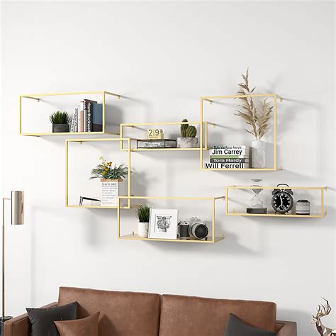 Modern Wall Mounted Shelving Gold Floating Shelves In Metal Set Of 6