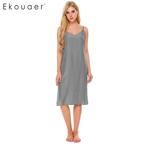 Ekouaer Sexy Lingerie Nightgown Sleepshirts Women Solid V Neck Spaghetti Strap Split Hem Ladies