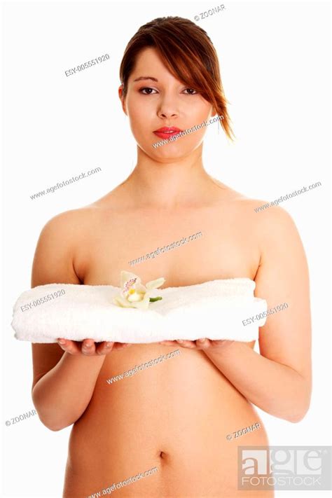 Naked Woman Holding White Towel And Orchid Flower Stock Photo Picture