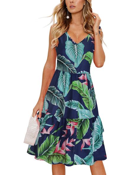 Ouges Womens V Neck Floral Print Sleeveless Summer Dress Ruffle Casual