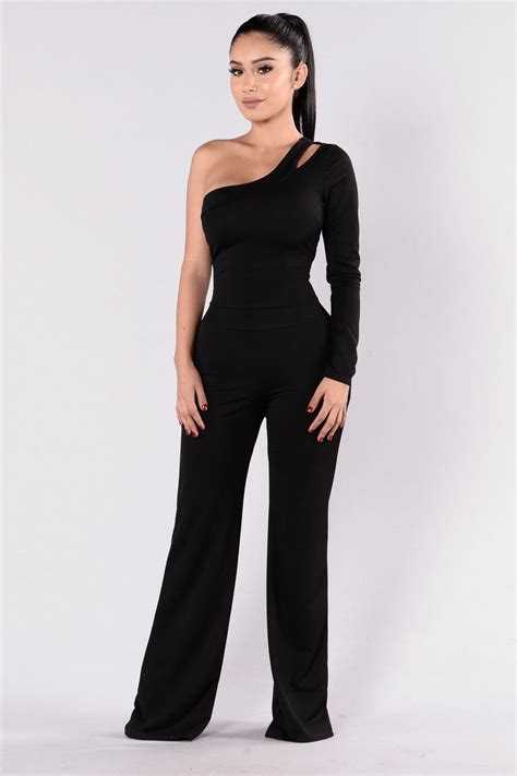 Available In Black One Sided Jumpsuit Long Sleeve Shoulder Cut Out Wide