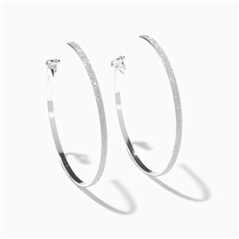 Silver 60mm Glitter Thin Hoop Earrings Claires Us