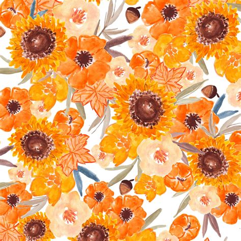 Fall Sunflower Fabric By The Yard Pumpkins Autumn Watercolor Sunflowers Floral Flower Oran