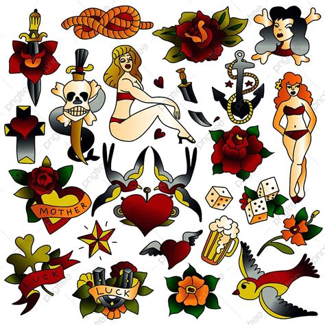 Iconos De Colores De La Vieja Escuela De Tatuajes Con Mujer Desnuda Cuchillo Ancla Cr Neo Nudo