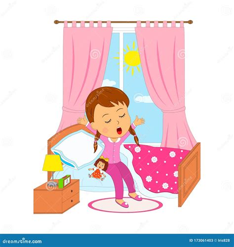 Boy And Girl Waking Up In Bed Stretching Sunny Day Vector Illustration