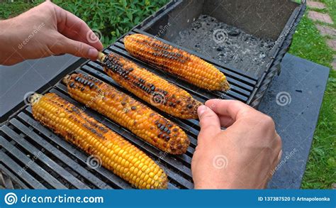 Grilled Corn Grilled On Fire On A Dark Iron Table Grilled Corn Delicious Street Food Summer