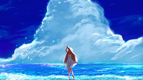 2048x1152 Anime Girl Beach Happy Long Hair Clouds 4k 2048x1152