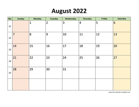 Printable Calendar 2022 August Template Calendar Design
