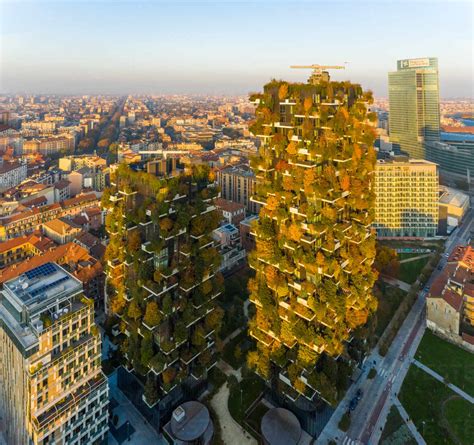 Aerial View Of Bosco Verticale Porto Nuova Milan Italy During Sunset