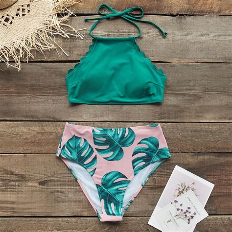 Beach Bathing Suits Two Pieces Swimwear Teal And Palm Print Halter