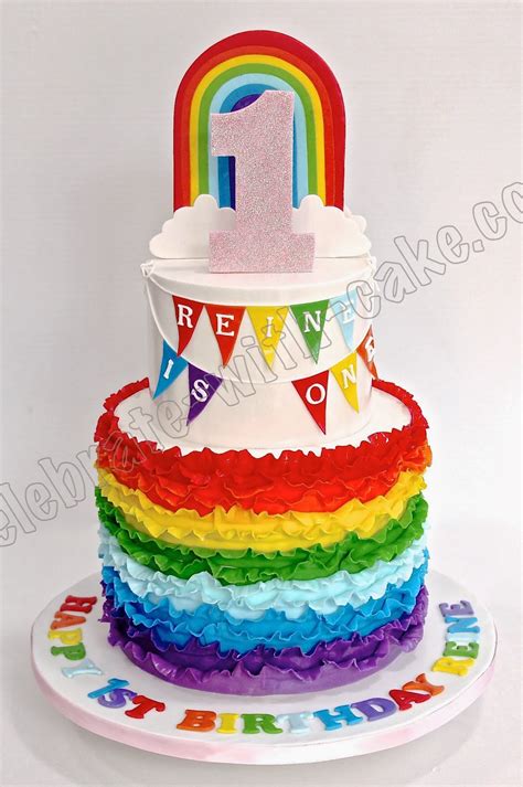 Celebrate With Cake 1st Birthday Rainbow Ruffles 2 Tier Cake