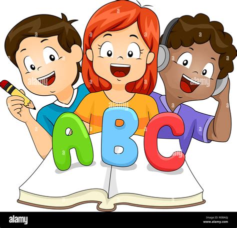 Illustration Of Kids Learning Abc Book By Listening Reading And