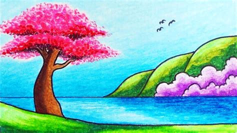 Easy Spring Season Scenery Drawing How To Draw Simple Scenery Of