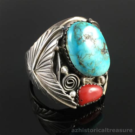 Large Native American Navajo Handmade Sterling Silver Turquoise Coral