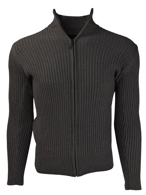 Charcoal Grey Full Zip Cotton Ribbed Mock Neck Sweater For Men M
