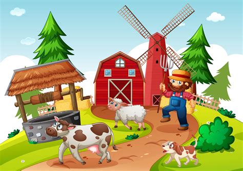 Farmer With Animal Farm In Farm Scene In Cartoon Style 1486257 Vector