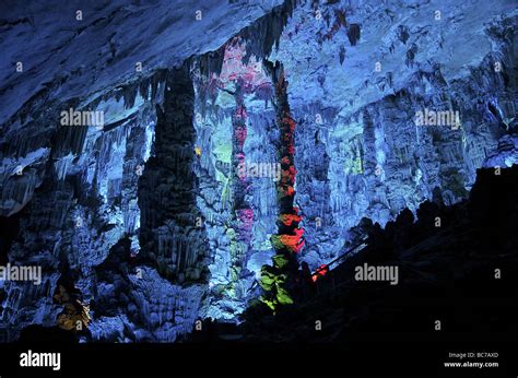 Stalagmites Reed Flute Limestone Cave Guilin Guangxi China Stock Photo