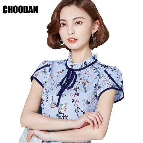 Chiffon Blouse Shirt Elegant Flower Print 2017 Summer Korean Style Short Sleeve Sweet Ladies Top