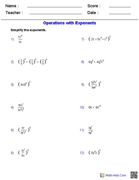 Operations With Exponents Worksheets 10th Grade Math Worksheets
