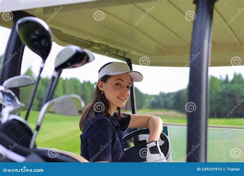Beautiful Cheerful Woman Driving A Golf Cart Stock Image Image Of
