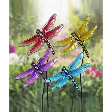 Glass Dragonfly Garden Stakes Set Of 4 Multicolor Exhartmetal