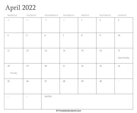 20 April 2022 Calendar Printable Pdf Us Holidays Blank Free