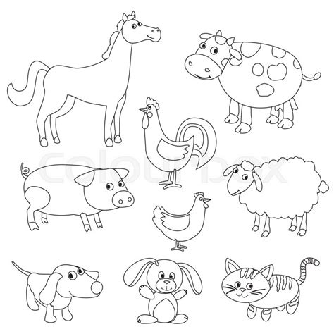 Cute Cartoon Farm Animals And Birds For Coloring Book