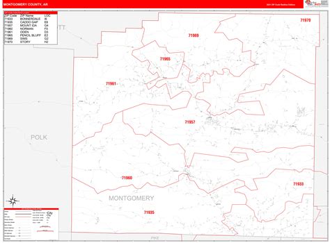 Montgomery County Ar Zip Code Wall Map Red Line Style By Marketmaps